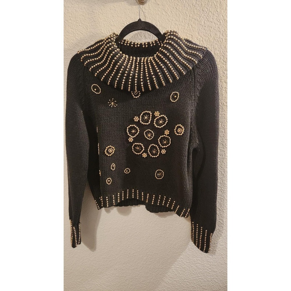 Vintage 80s Cowl Neck Sweater M Gold Tone Beaded Turtleneck Short Party - Picture 1 of 5